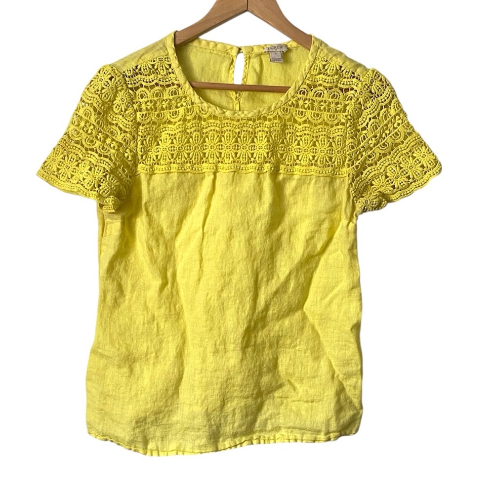 J Crew Women's Lace Trim Linen Top shirt yellow crochet yoke size 8